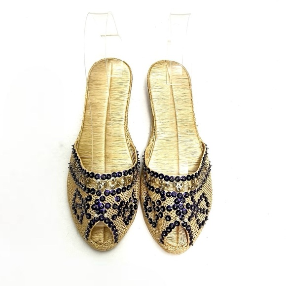 Shoes - Vintage 1990s purple sequin beaded peep toe rattan wedge espadrille sandals
